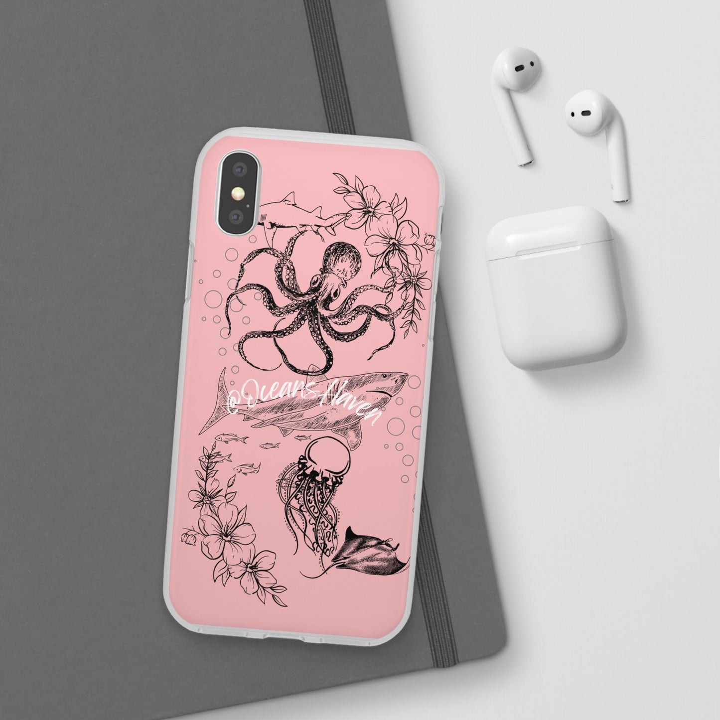 Ocean Life Pink Phone Case — Octopus & Shark Floral Flexi Case