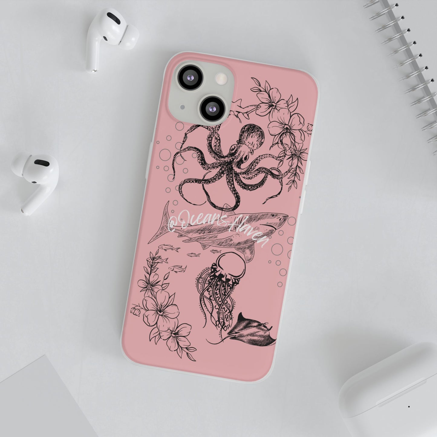 Ocean Life Pink Phone Case — Octopus & Shark Floral Flexi Case
