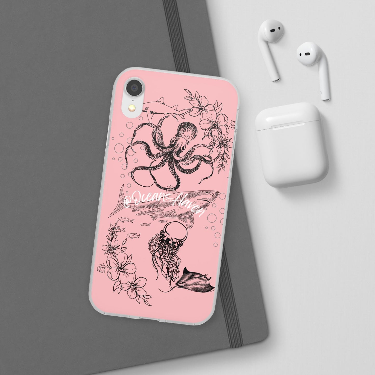 Ocean Life Pink Phone Case — Octopus & Shark Floral Flexi Case