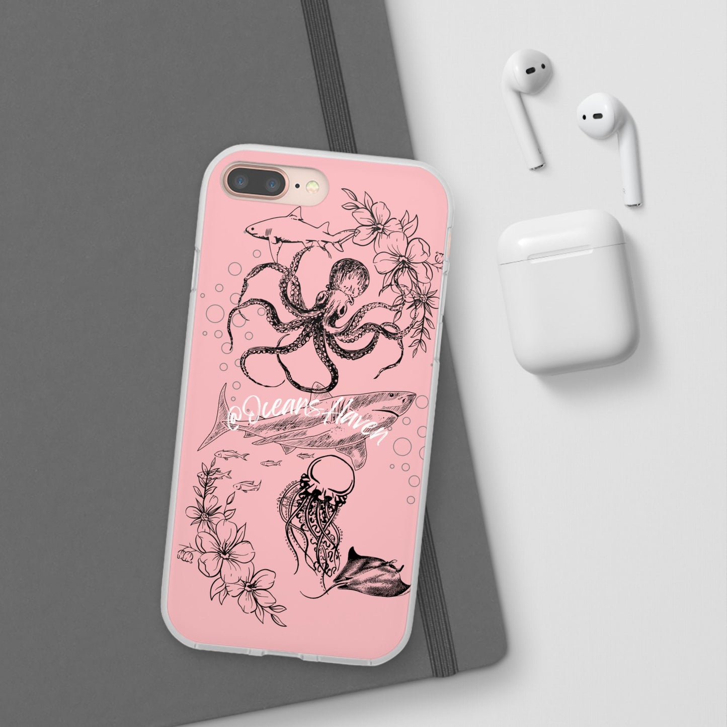 Ocean Life Pink Phone Case — Octopus & Shark Floral Flexi Case