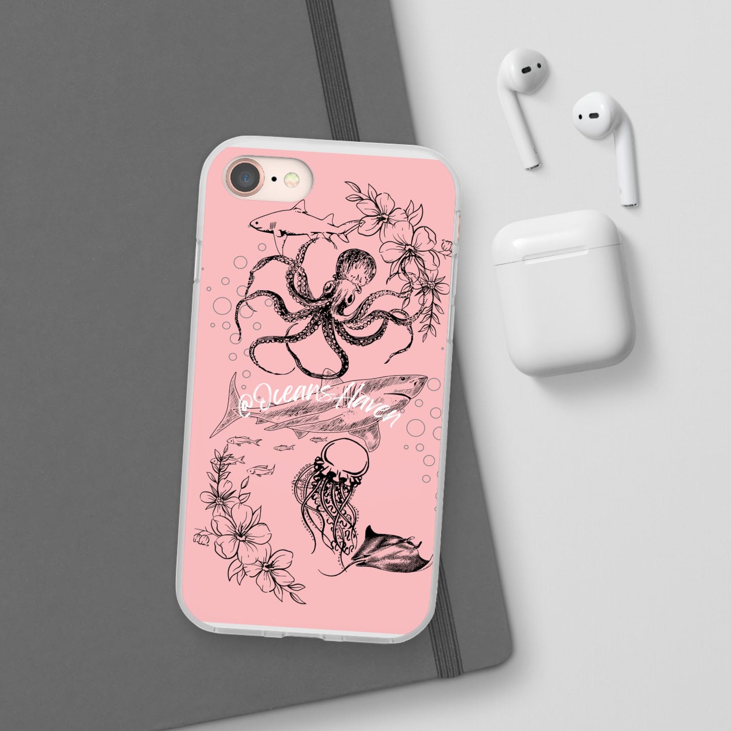 Ocean Life Pink Phone Case — Octopus & Shark Floral Flexi Case