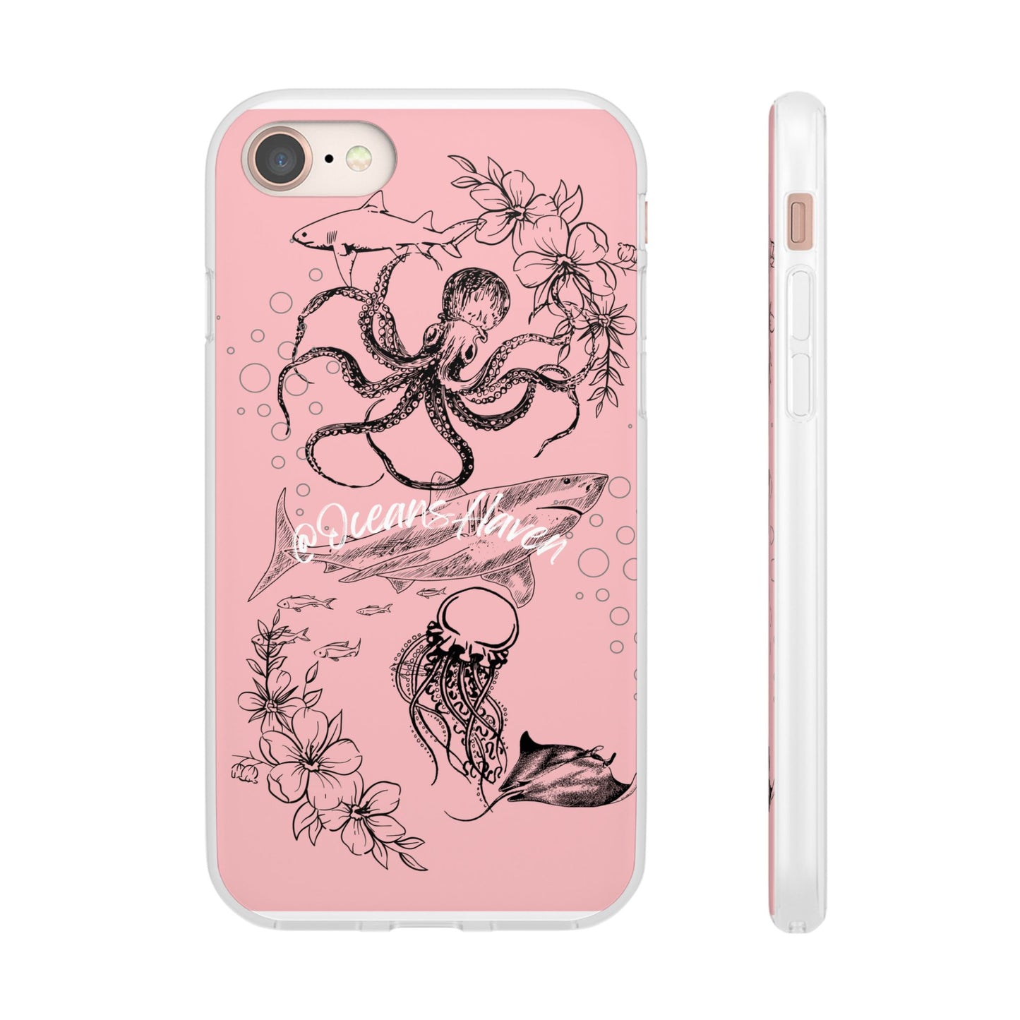 Ocean Life Pink Phone Case — Octopus & Shark Floral Flexi Case