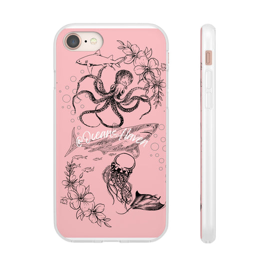 Ocean Life Pink Phone Case — Octopus & Shark Floral Flexi Case