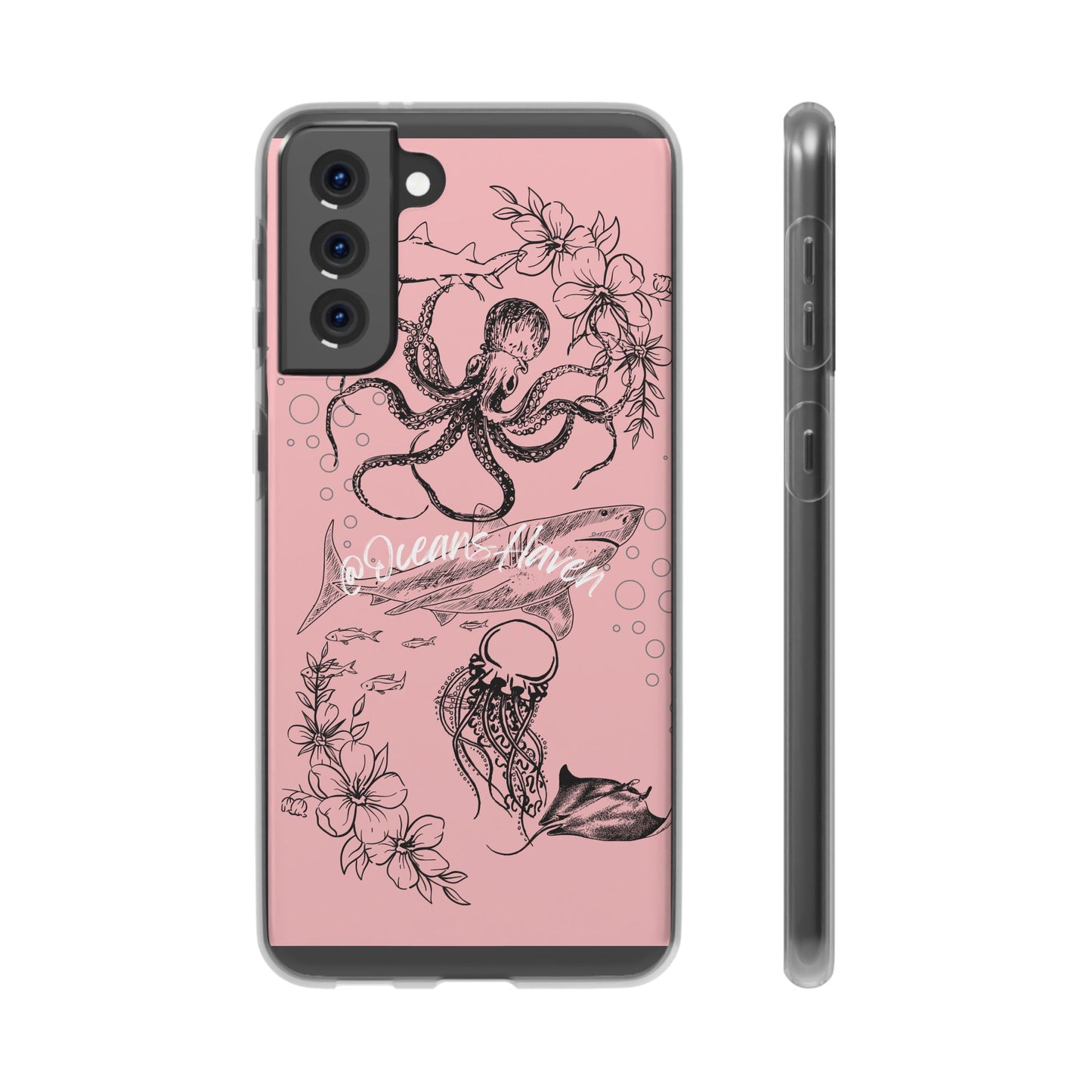 Ocean Life Pink Phone Case — Octopus & Shark Floral Flexi Case