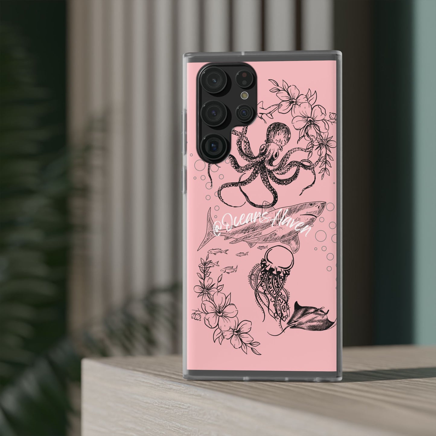 Ocean Life Pink Phone Case — Octopus & Shark Floral Flexi Case