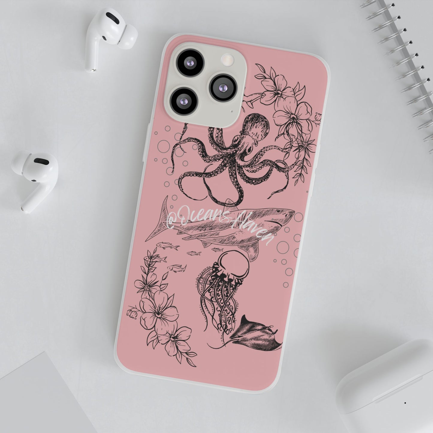 Ocean Life Pink Phone Case — Octopus & Shark Floral Flexi Case